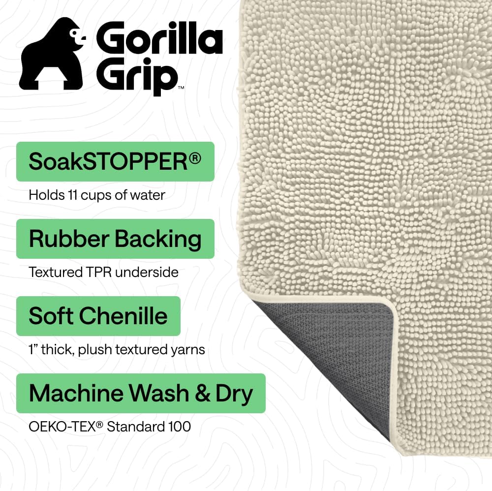 GORILLA GRIP SoakSTOPPER Dog Door Mat, 30x20 Machine Washable Rug Absorbent Doormat Captures Moisture Mud Dirt, Quick Dry Soft Chenille Entryway Rugs Indoor Entrance Mats for Dog Paws, Paw Grey