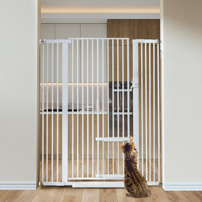 COMOMY 55.1" Extra Tall Pet Gate for Cats, Extra Wide Cat Gate with Adjustable Cat Door, Pressure Mounted Easy Walk Through Pet Gate with Door for Stairs, Doorways, Kitchen(White, 29.5-40.6")