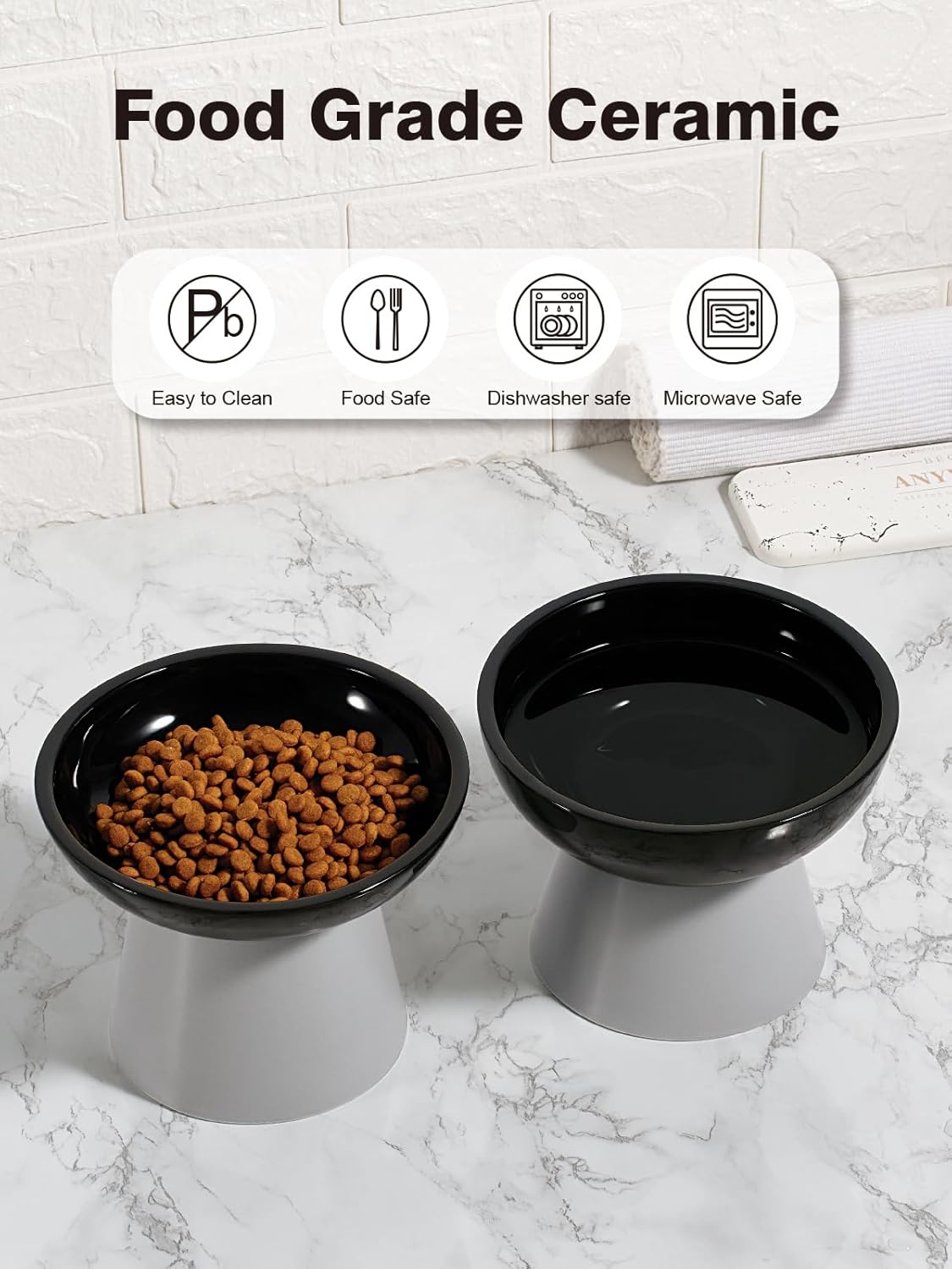 LoeJan Elevated Cat Food and Water Bowls Set, Extra Wide and Raised Ceramic Bowls, Anti-Vomit Whisker-Free Pressure Cat Feeder for Kittens to Adult Cats and Small Dogs (White, Water Bowl)