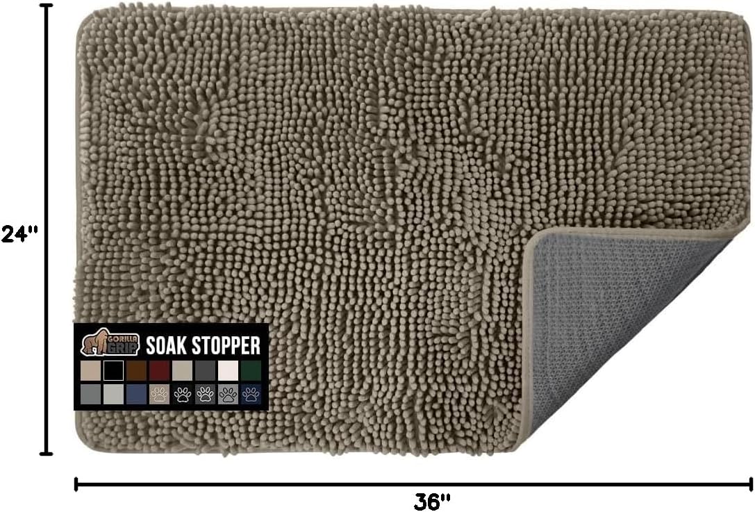 GORILLA GRIP SoakSTOPPER Dog Door Mat, 30x20 Machine Washable Rug Absorbent Doormat Captures Moisture Mud Dirt, Quick Dry Soft Chenille Entryway Rugs Indoor Entrance Mats for Dog Paws, Paw Grey