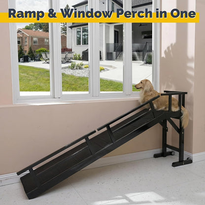 Dog Ramp for Bed or Couch, Wooden Pet Ramp with 20° Gentle Slope, Removable Side Rails, Non-Slip Surface, Top Platform & Wheels, Safe Bed Ramp for Small, Large & Senior Dogs, 60" Long, Mahogany