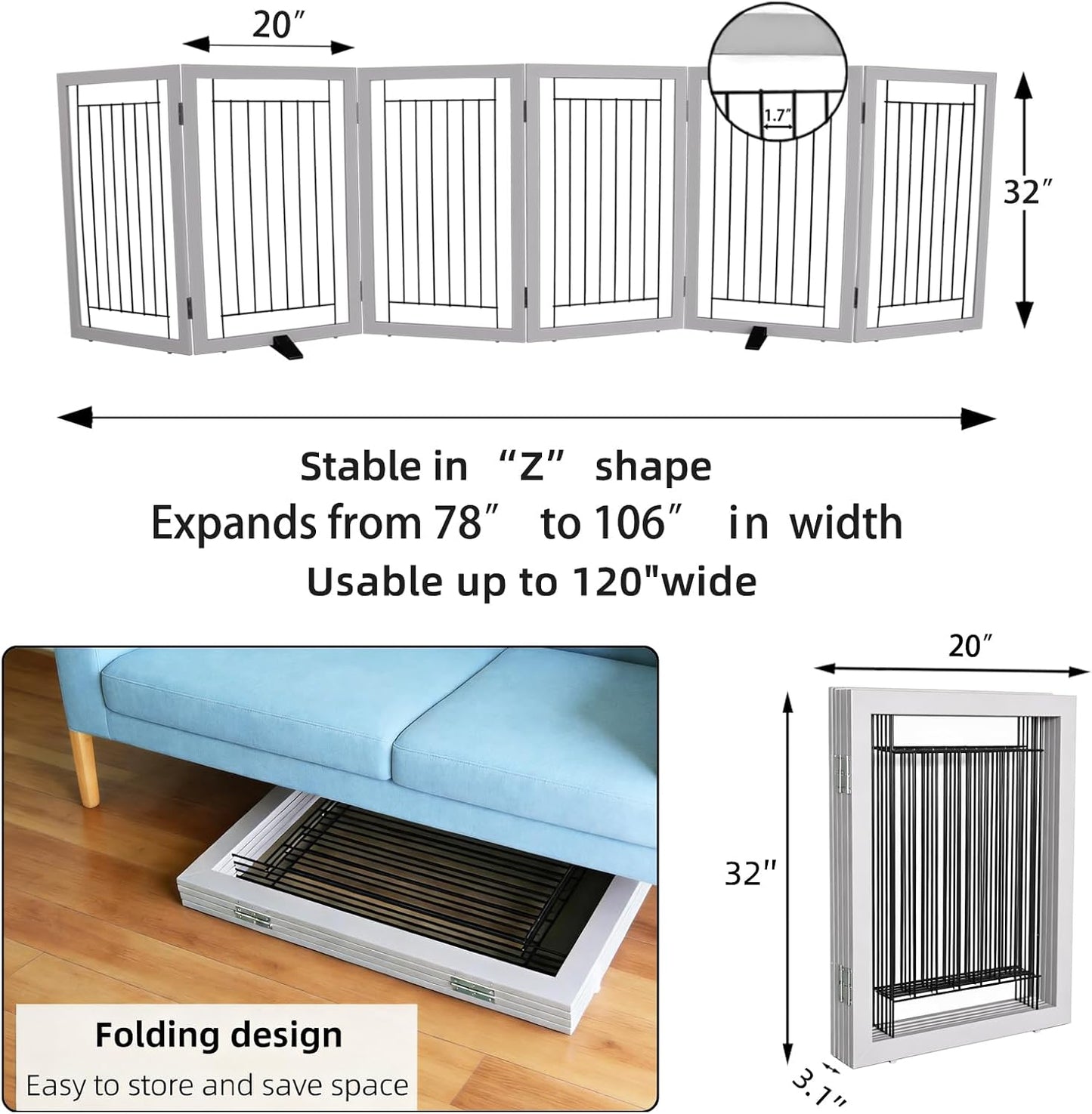 ZJSF Freestanding Dog Gate Indoor, Foldable Dog Fence for Doorways,Hallways or Stairs, Sturdy Wood Extra Wide Pet Gate with Support Feet,Black,24 "Height-3 Panels