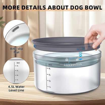 Decflow 1.2Gallon Dog Water Bowl No Spill, 4.5L Large Capacity Spill Proof Dog Bowls with Transparent Floating Disk, No Splash Slow Drinking Dog Bowl for Sloppy Messy Drinkers (Clear)