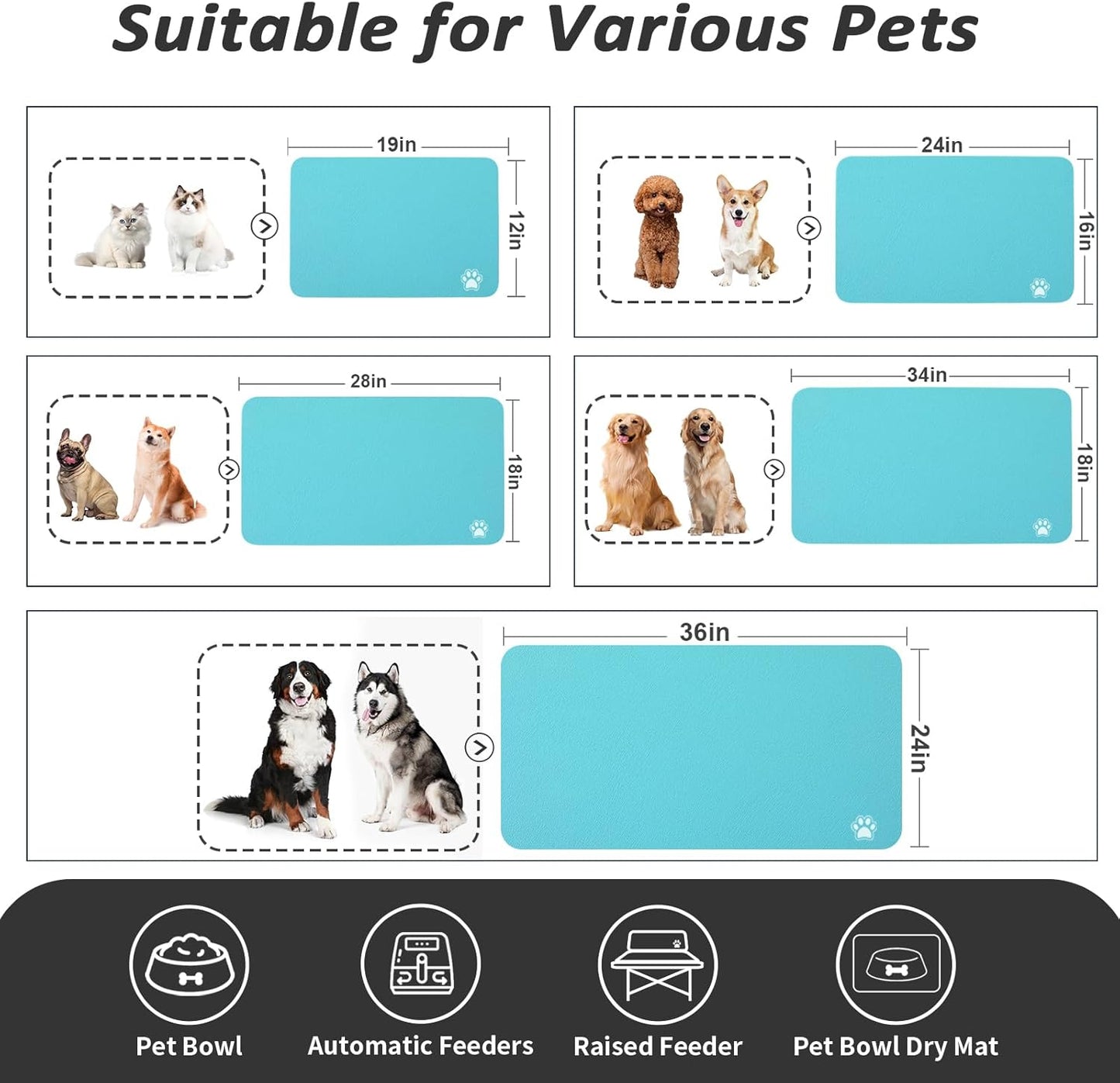 HotLive Dog Food Mat - Absorbent Cat Mat for Food and Water, No Stains Pet Feeding Bowl Mat, Easy to Clean Pet Placemats, Quick Dry Dog Water Dispenser Mat for Messy Drinkers | Paw Dark Grey 12"x 19"
