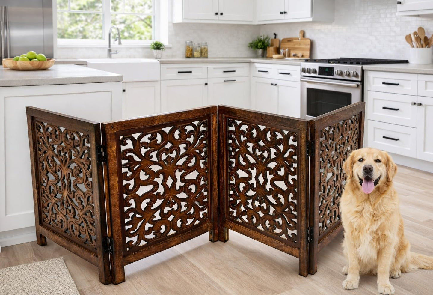 Freestanding Pet Gate for Dogs, Foldable Wooden Dog Gate for House, Indoor Dog Gate for Stair, Doorway, House Design Gates for Dogs Indoor, 72 Inch Wide, (18" x4 Panels 72 inch), Burnt Finish