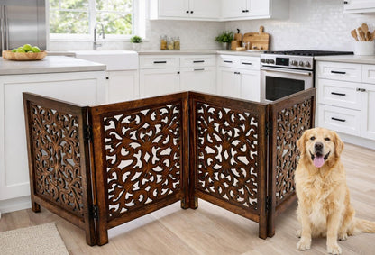 Freestanding Pet Gate for Dogs, Foldable Wooden Dog Gate for House, Indoor Dog Gate for Stair, Doorway, House Design Gates for Dogs Indoor, 72 Inch Wide, (18" x4 Panels 72 inch), Burnt Finish