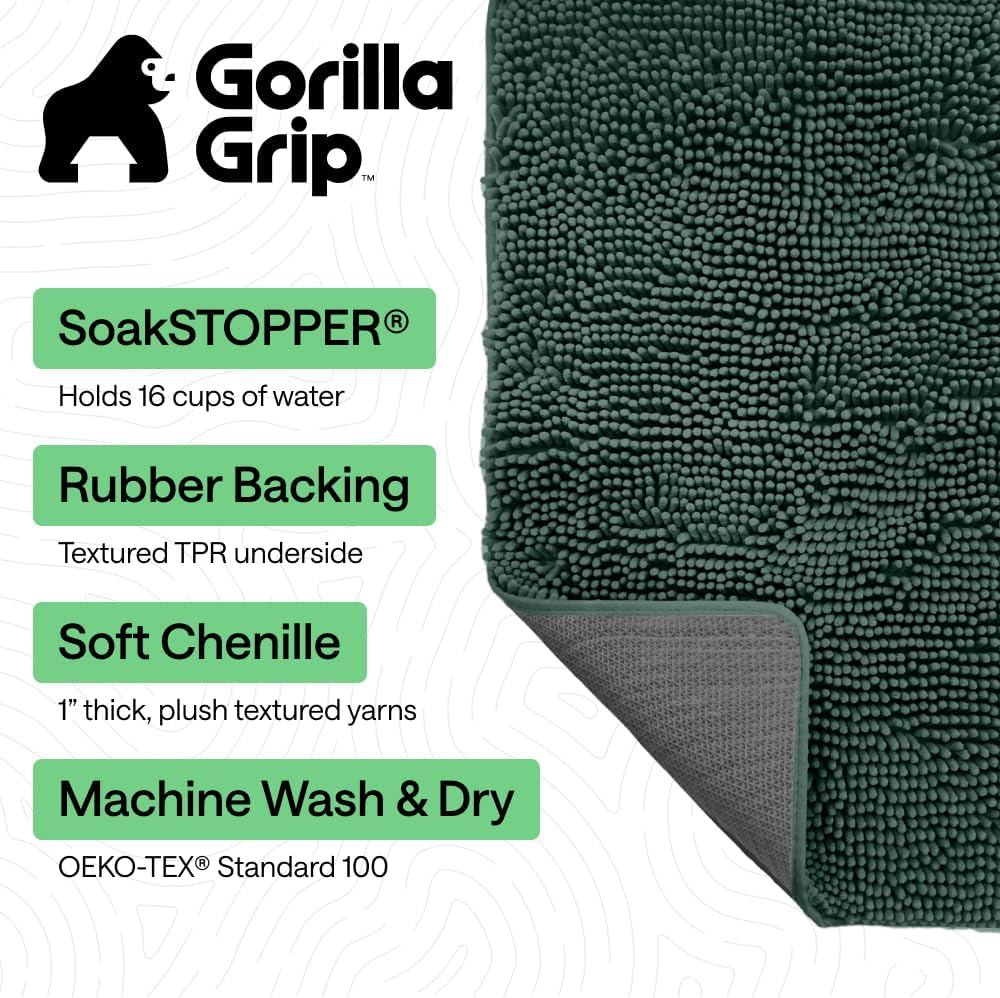 GORILLA GRIP SoakSTOPPER Dog Door Mat, 30x20 Machine Washable Rug Absorbent Doormat Captures Moisture Mud Dirt, Quick Dry Soft Chenille Entryway Rugs Indoor Entrance Mats for Dog Paws, Paw Grey