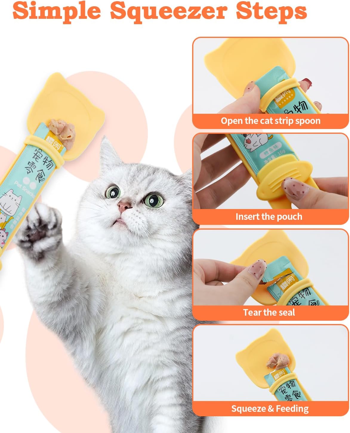 6 PCS Cat Food Can Covers Set, Reusable Silicone Can Lids with Opener, Stainless Steel Wet Food Spoon & Cat Treat Squeezer for Pet Feeding and Storage, Fits Cats & Dogs