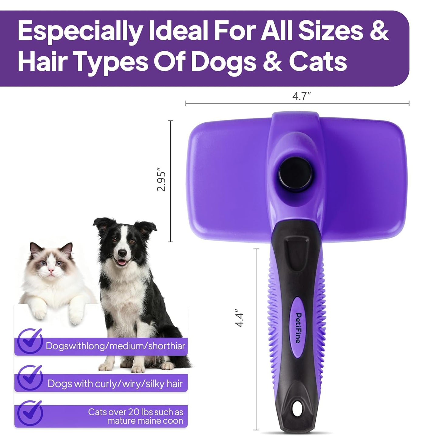 PetiFine Self Cleaning Slicker Brush for Dogs and Cats,Skin Friendly Dog Brush for Shedding Massaging and Grooming, Deshedding Grooming Tool for Long and Short Haired Pets