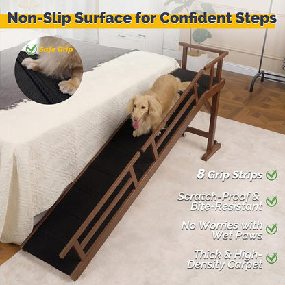 Dog Ramp for Bed or Couch, Wooden Pet Ramp with 20° Gentle Slope, Removable Side Rails, Non-Slip Surface, Top Platform & Wheels, Safe Bed Ramp for Small, Large & Senior Dogs, 60" Long, Mahogany