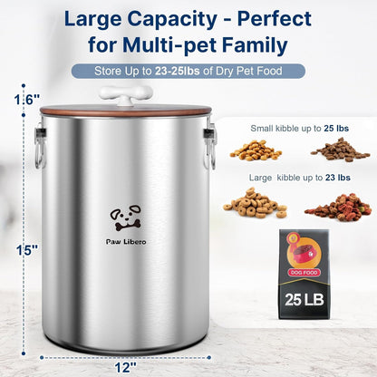 Paw Libero 25 Lbs Stainless Steel Dog Food Storage Container with Airtight Wooden Lid & Ceramic Bone Handle, Large Metal Dog Food Bin for Dogs & Cats, Keep Fresh, Easy to Clean