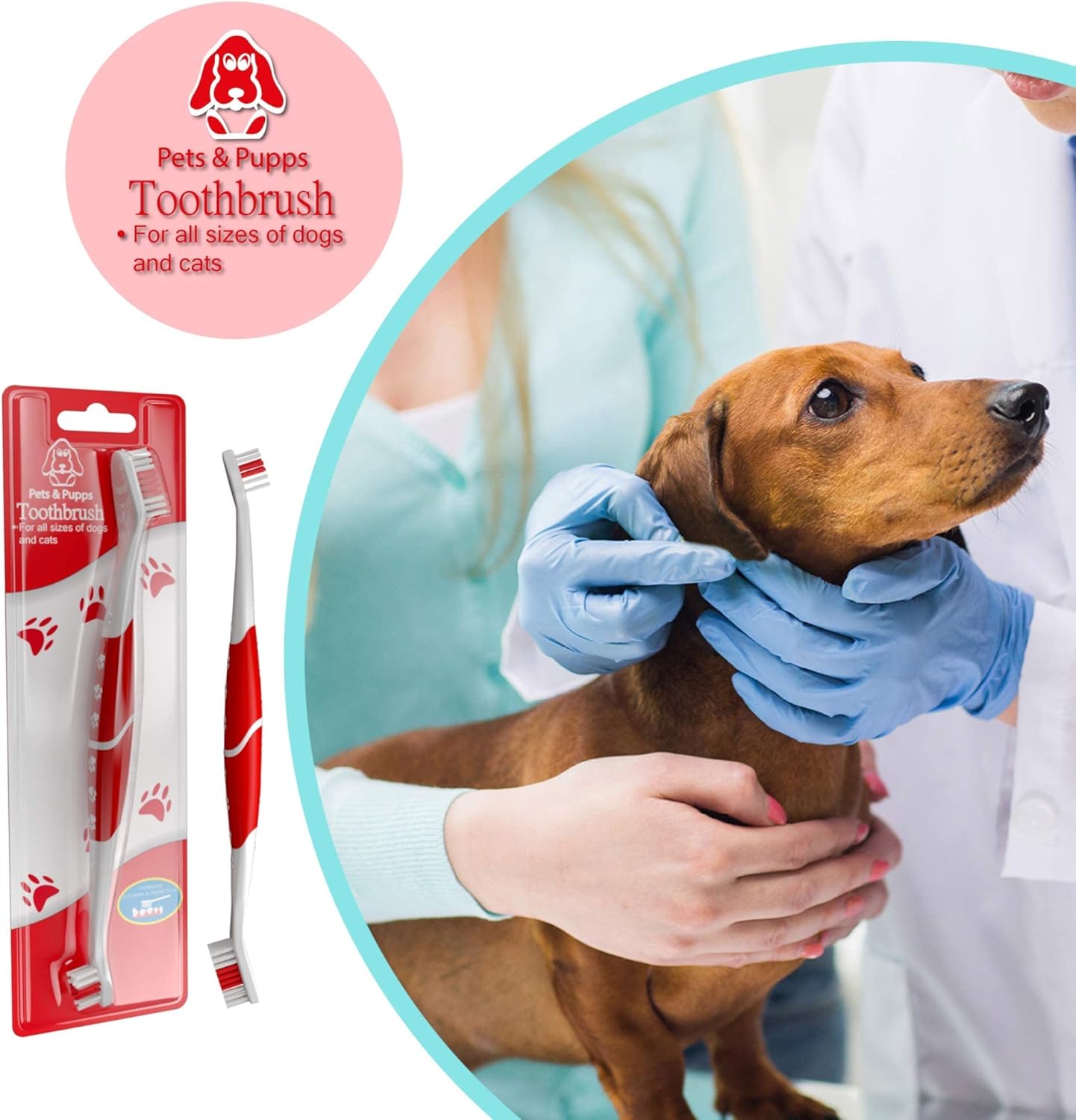 Pet Toothbrush for Dogs, Cats with Soft Bristles - Easy Teeth Cleaning & Dental Care, Non Slip Dual Head Dog Toothbrush for Medium & Large Pets, Toothpaste Not Included (Pack of 1(Red))