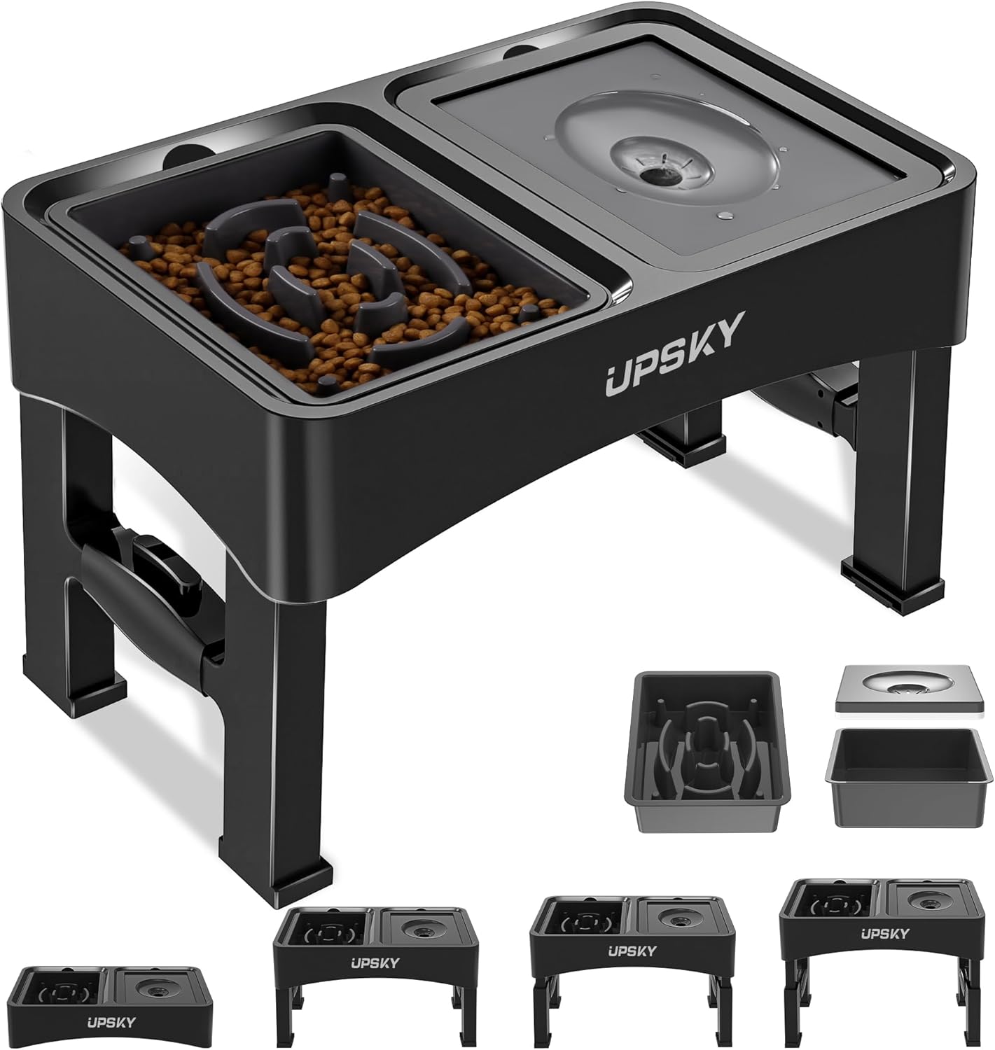 UPSKY 2-in-1 Elevated Dog Bowls Slow Feeder, 4 Height Adjustable Raised Bowl Stand, No Spill Dog Water Bowls, Anti-Slip Food and Water Bowls for Small Medium Dogs(Not Include Stainless Steel Bowl)