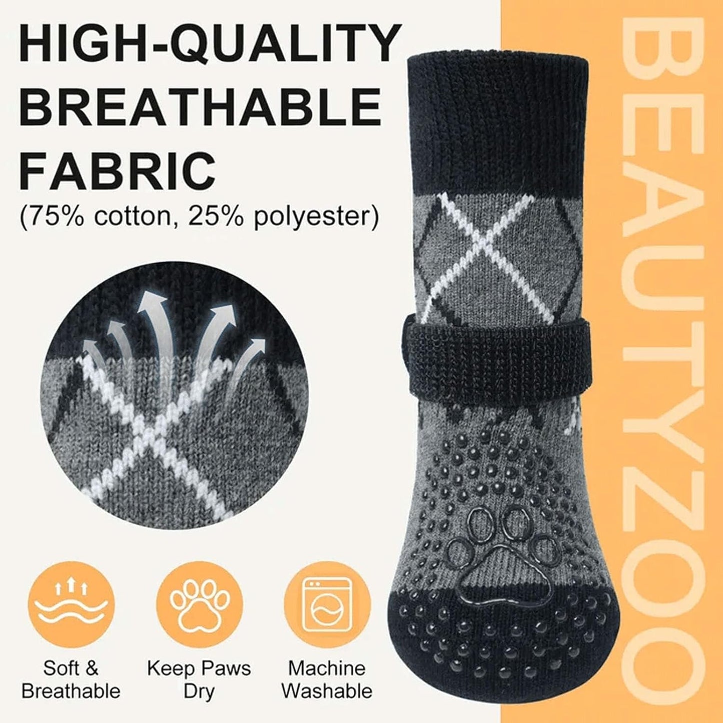 BEAUTYZOO 6PCS Dog Socks to Prevent Licking Paws, Anti Slip Dog Shoes for Hot Pavement Hardwood Floors, Traction Control Toe Grips Boots & Paw Protectors for Small Medium Large Senior Dogs, Grey S