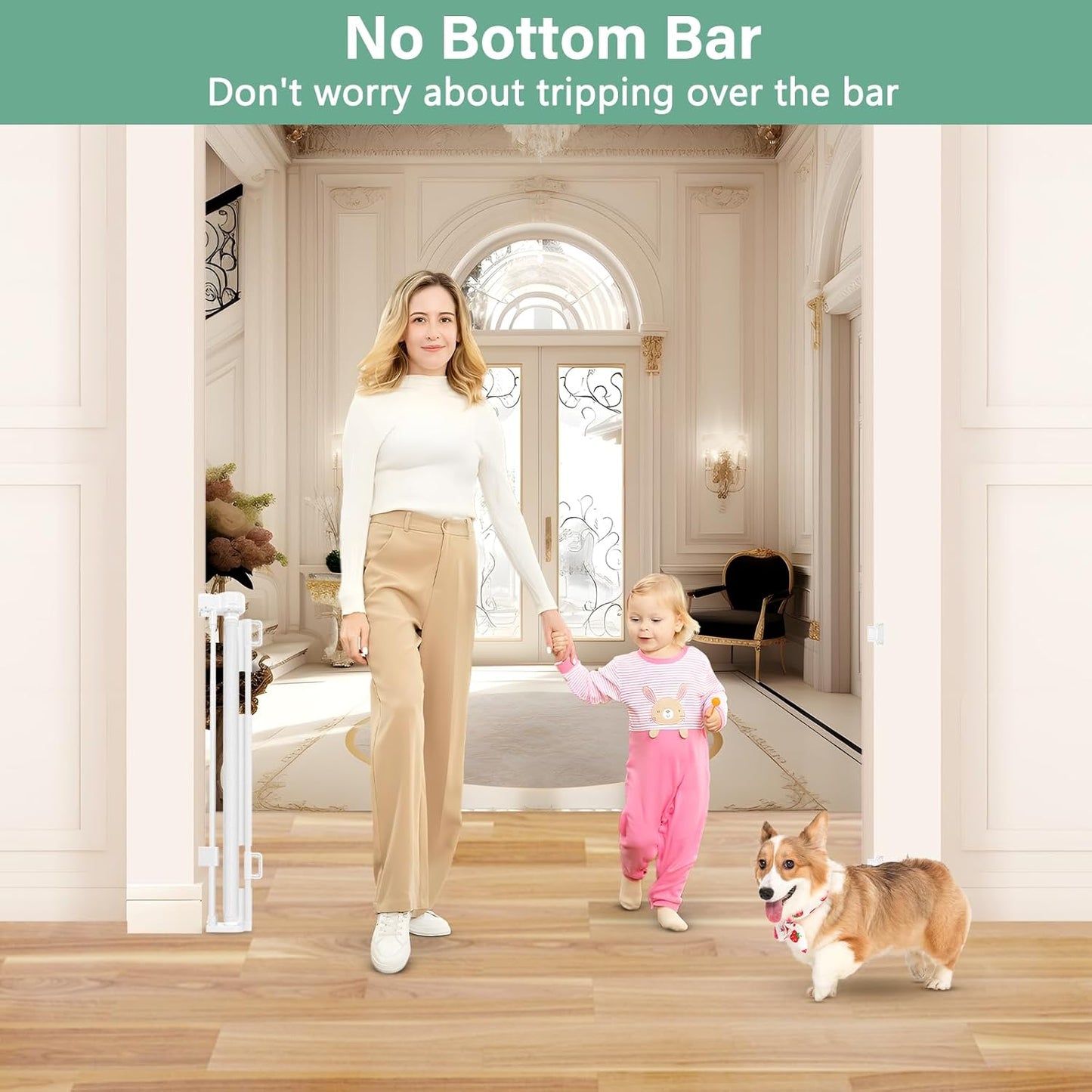 Reinforced 26 Inch Tall Retractable Child Gate to Step Over 55" Wide Small Retractable Baby Gates for Stair Retractable Dog Gate Short Mesh Dog Gate Retractable Toddler Gates for Doorways Doggy Gate