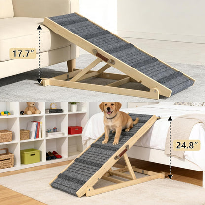 TIMHAKA Dog Ramp for Bed, 40 Inch Dog Ramp for Couch, Supports Up to 150lbs, with 10.2" to 26.8" 7 Height Setting, Non Slip Carpet Surface and Foot Pads, Wooden Folding Pet Ramps for High Bed, Sofa