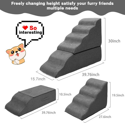 Dog Stairs for High Beds 30-36 inches Tall, 6-Step Dog Steps for Bed 32-36 inches for Small Large Dogs, Doggie Ramp for Bed, 30D Foam Pet Stairs for Old Dogs/Cats, Free-Installation, Grey