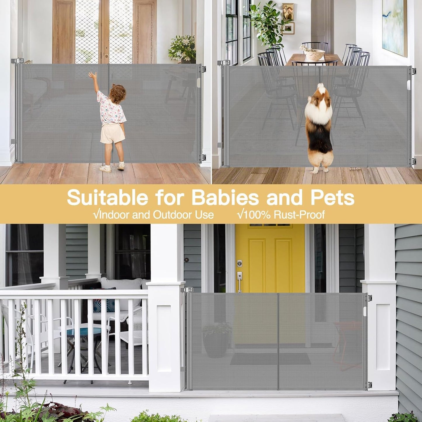Reinforced 42" Tall Retractable Dog Gate, 155" Extra Long Retractable Baby Gate with Support Rods - Prevent Crawling Under, Indoor/Outdoor Retractable Gate Extra Tall Baby Gate Retractable Fence/Black