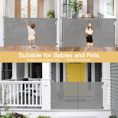 Reinforced 42" Tall Retractable Dog Gate, 155" Extra Long Retractable Baby Gate with Support Rods - Prevent Crawling Under, Indoor/Outdoor Retractable Gate Extra Tall Baby Gate Retractable Fence/Black