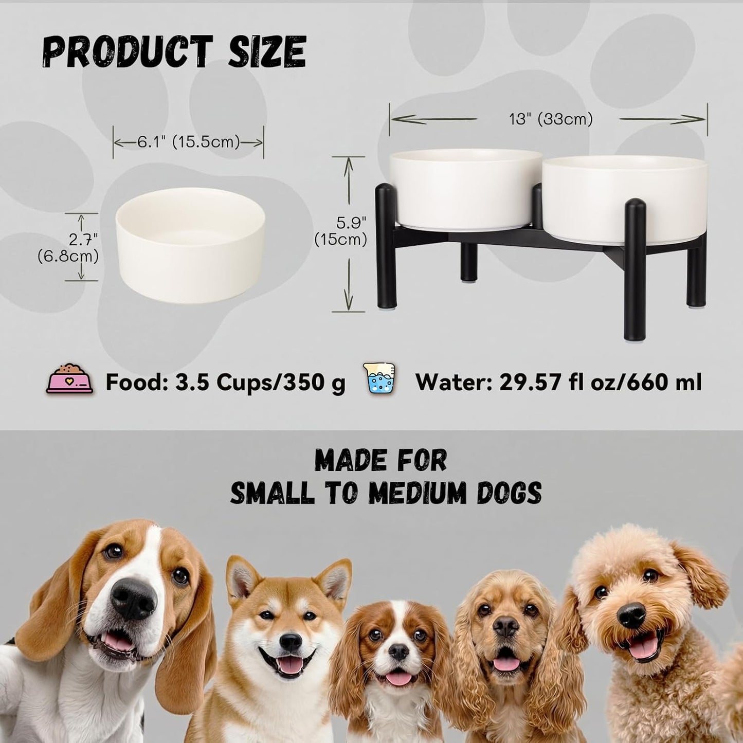 Raised Ceramic Dog Bowl Set - Elevated Double Dishes with Stainless Steel Stand - Food and Water Bowls for Small to Medium Dogs - Each Holds 3.5 Cups (29.57 fl oz) - White