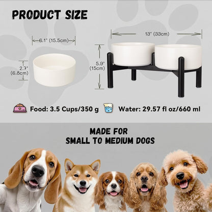 Raised Ceramic Dog Bowl Set - Elevated Double Dishes with Stainless Steel Stand - Food and Water Bowls for Small to Medium Dogs - Each Holds 3.5 Cups (29.57 fl oz) - White