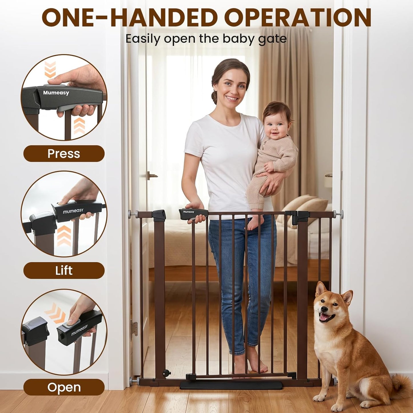 Baby Gate for Stairs, 29.7-40.6" Auto Close Dog Gate Indoor for Doorways, Dual-Lock Design, Adjustable Pet Gate No Drilling with Walk Thru Door for Hallways, Stroller Friendly, Black