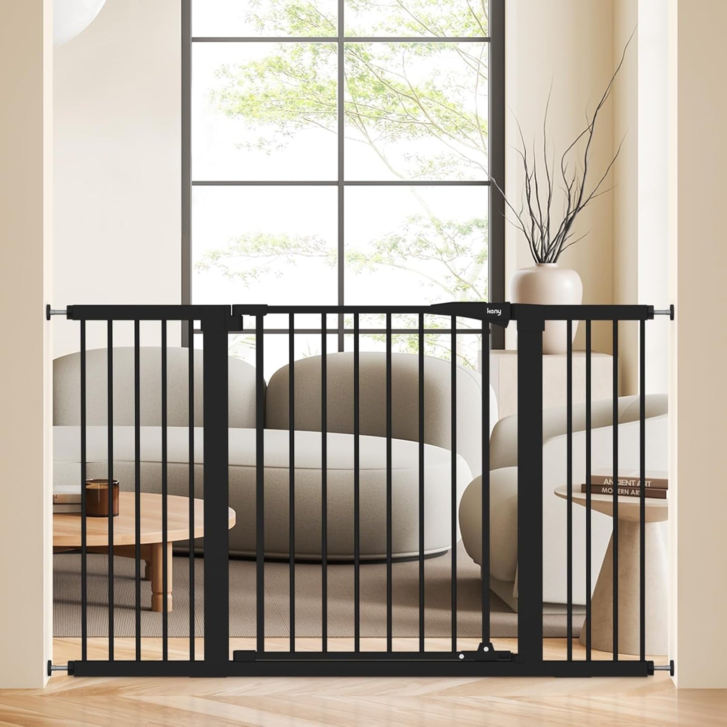 keny 29.7"-46" Baby Gate for Stairs, Auto Close Dog Gates for Doorways, Pressured Mounted No Drilling Pet Gate Extra Wide, One-Hand Opening Dual Lock Stair Gate, Indoor Kids Necessities, Black