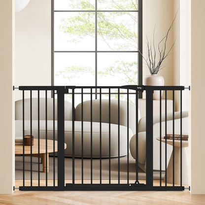 keny 29.7"-46" Baby Gate for Stairs, Auto Close Dog Gates for Doorways, Pressured Mounted No Drilling Pet Gate Extra Wide, One-Hand Opening Dual Lock Stair Gate, Indoor Kids Necessities, Black