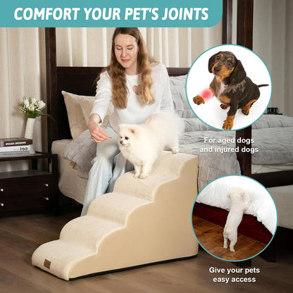 COZY KISS Dog Stairs for Small Dogs 15.7" H, Curved Dog Step for Puppy, Older Cat, Medium Pet Ramp for Sofa, Couch or Chair, Ladder with High Density Foam, 3 Step, 15.7x22.4x15.7 inch, Beige