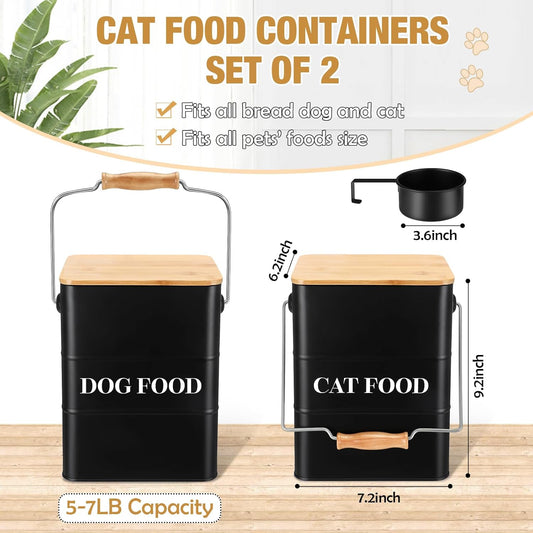 Tioncy 2 Pcs Metal Dog and Cat Food Storage Containers Big Pet Food Containers with Bamboo Lids and Spoon Airtight 5-7 Lbs Dog Cat Treat Snack Jars with DIY Labels for Kitchen Counter(White)