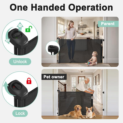Retractable Baby Gates for Doorways & Stairs, Mesh Retractable Dog Gate for Indoor&Outdoor Use, 33" Tall Expands Up to 60" Width, No Bottom Bar Child Safety Gates for Stairs, Doorways, Hallways, Decks