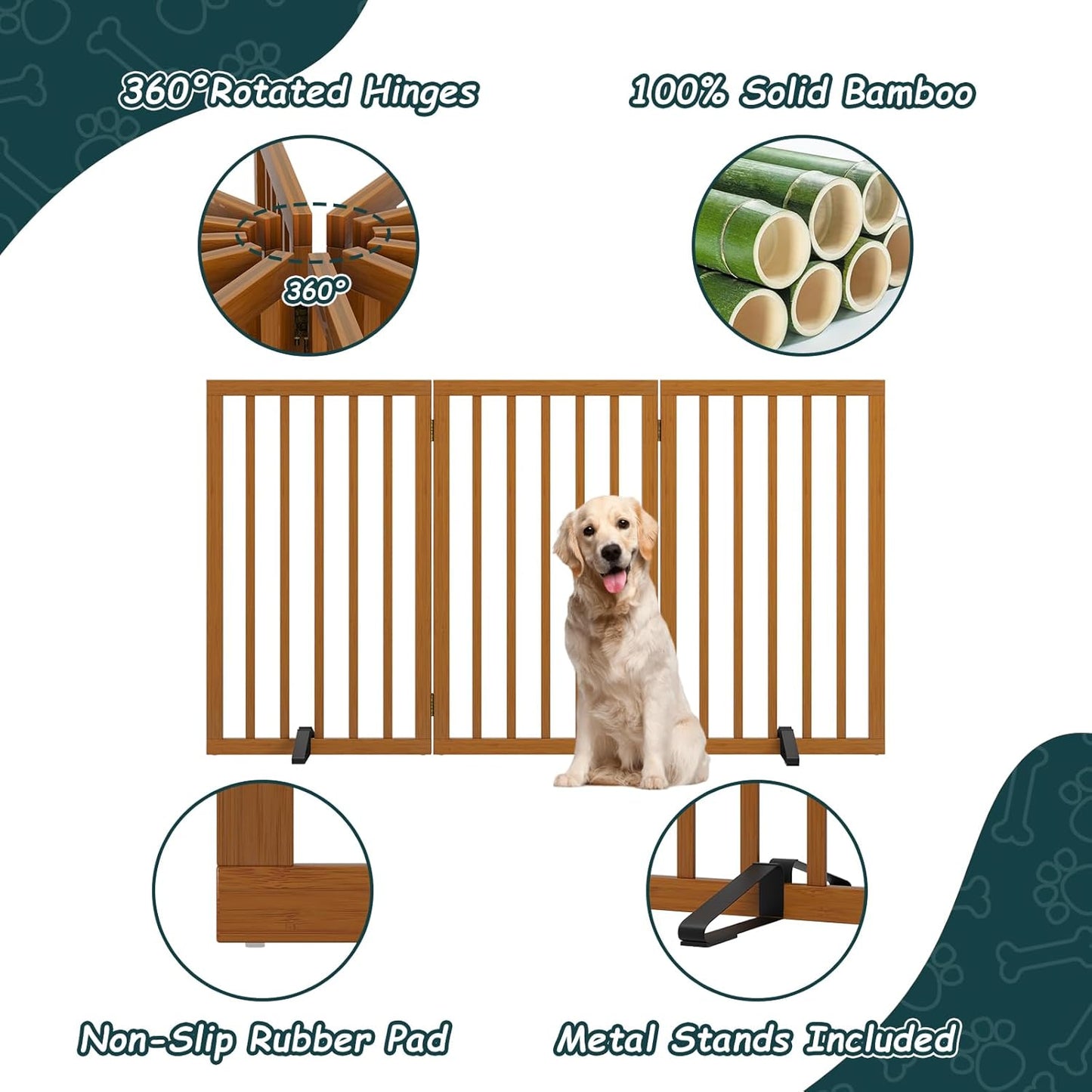 Freestanding Dog Gates Indoor, 3-Panel Pet Gates with 2 Metal Stands and 360° Hinge, 24" H Foldable Dog Gate for Stairs, Doorway, Kitchen, Expands Up to 55" Fully Assembled - Black Walnut