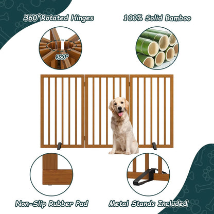 Freestanding Dog Gates Indoor, 3-Panel Pet Gates with 2 Metal Stands and 360° Hinge, 24" H Foldable Dog Gate for Stairs, Doorway, Kitchen, Expands Up to 55" Fully Assembled - Black Walnut