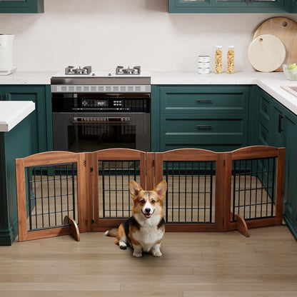 HOOBRO Dog Gate with Door Walk Through, 24.8'' Tall Freestanding Pet Gate with 2 Support Feet, Foldable Dog Fence Indoor, 360° Rotating Hinges, for Doorways, Stairs, Walnut BH85PP03