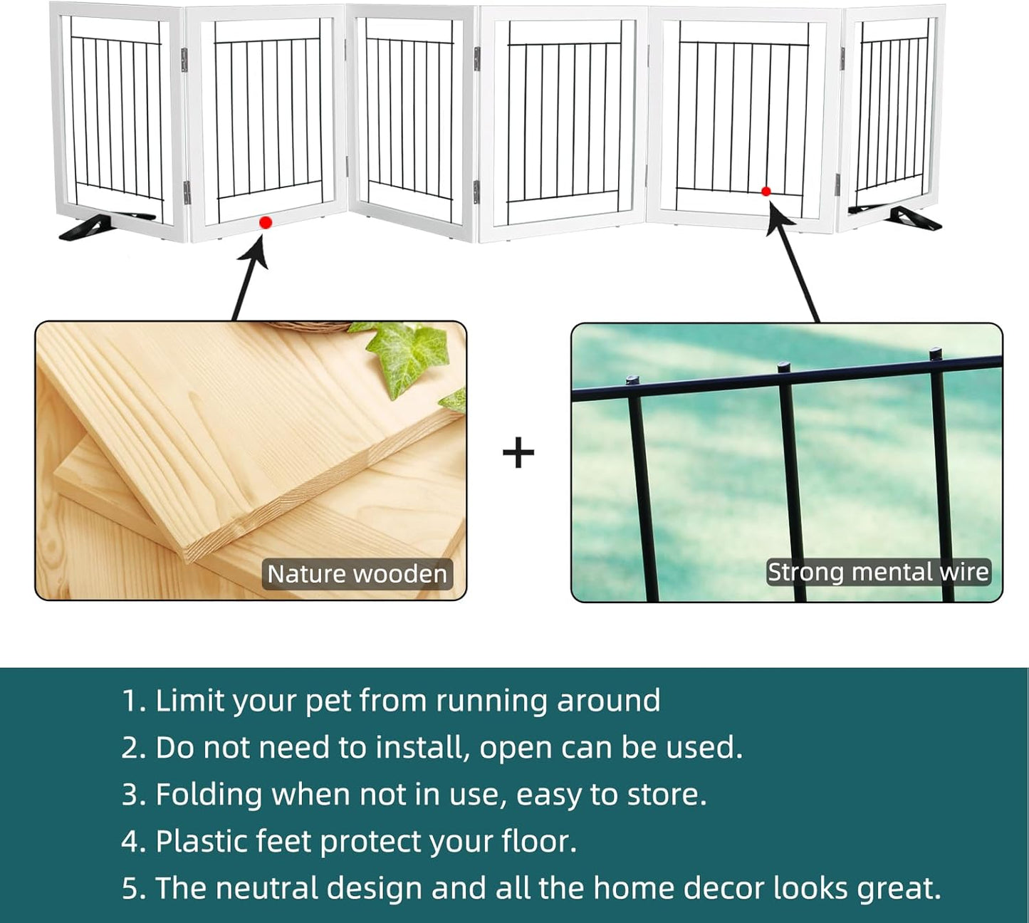 ZJSF Freestanding Dog Gate Indoor, Foldable Dog Fence for Doorways,Hallways or Stairs, Sturdy Wood Extra Wide Pet Gate with Support Feet,Black,24 "Height-3 Panels