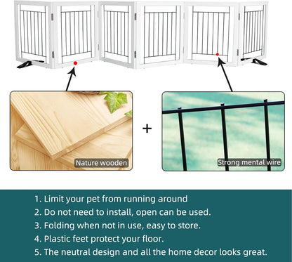 ZJSF Freestanding Dog Gate Indoor, Foldable Dog Fence for Doorways,Hallways or Stairs, Sturdy Wood Extra Wide Pet Gate with Support Feet,Black,24 "Height-3 Panels