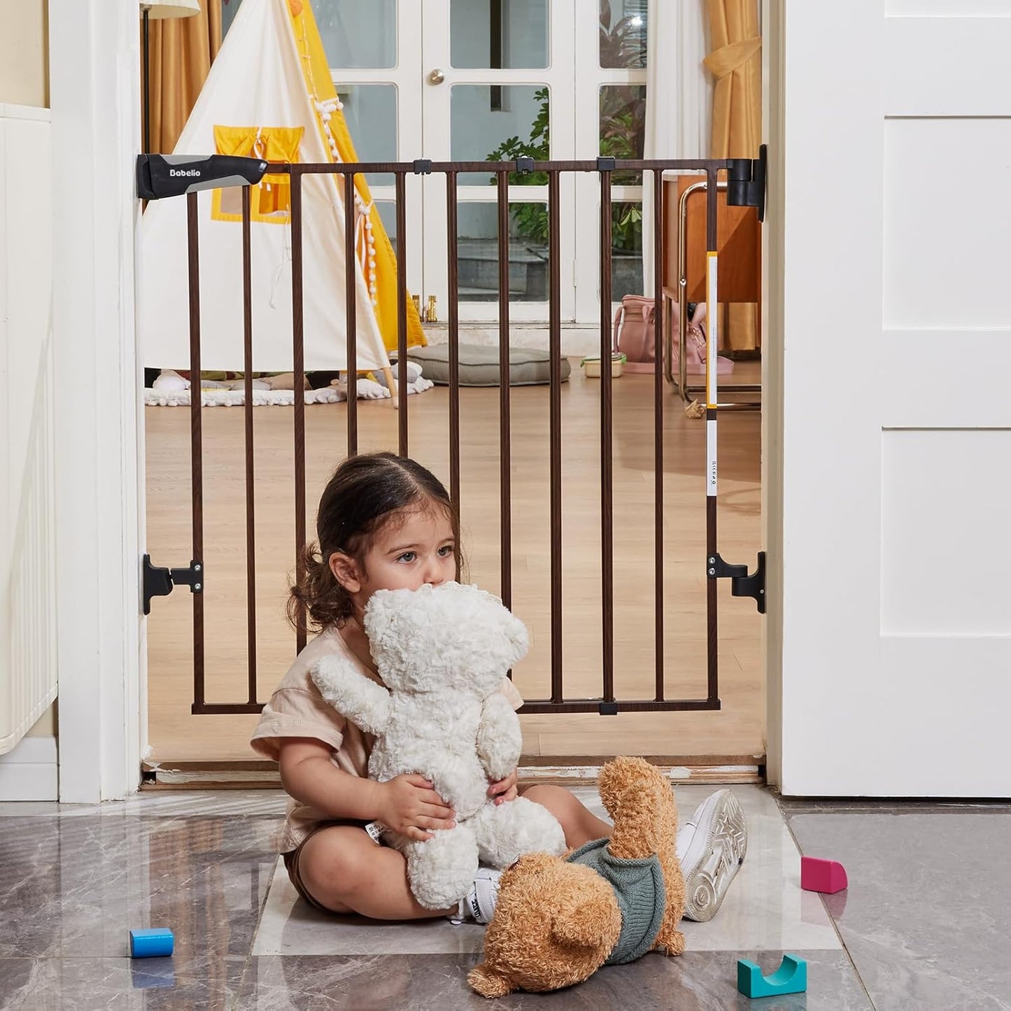 Babelio Baby Gate for Stairs, Kitchen & Doorways, 26-43" W 28" H No Bottom Bar| Easy Installation| One-Handed Operation| Auto-Close| Hardware Mount (Drill Needed) Safety Dog/Pet Gate Indoor (White)