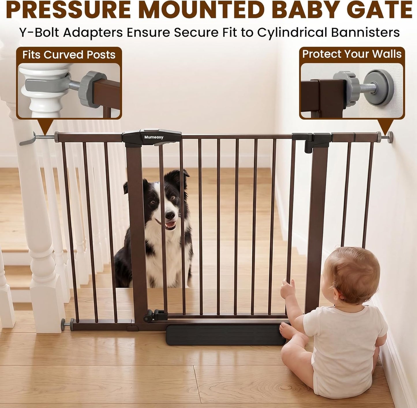 Mumeasy 29.7-46" Baby Gate for Stairs, Pressure Mounted Dog Gate for Doorways, Auto Close Walk Through Pet Gate Indoor, Extra Wide Metal Child Safety Gate, Mom's Choice Awards Winner, Black