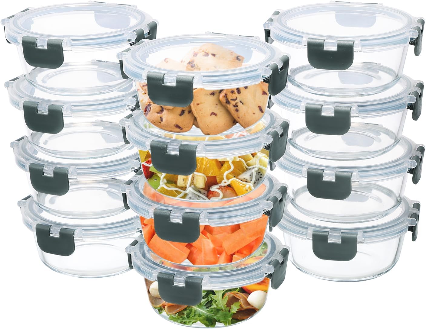 GULFLIN 24-Piece Small Glass Food Storage Containers with Lids Airtight, 1.5 Cup Meal Prep Containers Set, Microwave&Dishwasher Safe, Leak-Proof, BPA-Free, Grey