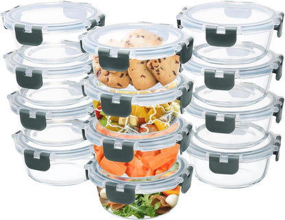 GULFLIN 24-Piece Small Glass Food Storage Containers with Lids Airtight, 1.5 Cup Meal Prep Containers Set, Microwave&Dishwasher Safe, Leak-Proof, BPA-Free, Grey