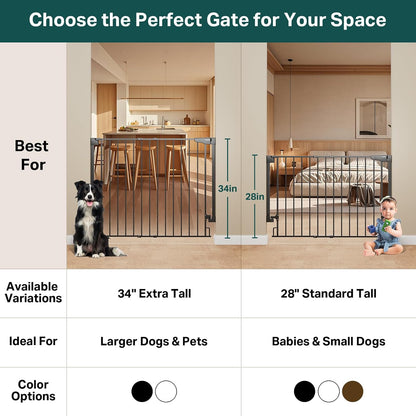 Cumbor 29.2–43" Baby Gate for Stairs, Hardware Mounted (Drill Required), Expandable No Bottom Bar Dog Gate, Auto Close Extra Wide Walk Thru, Pet & Toddler Proof Gate, Top & Bottom of Stairways(Black)