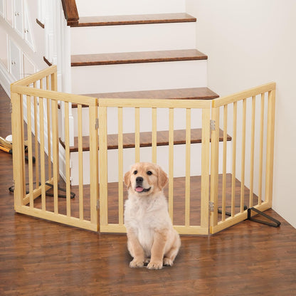 Freestanding Foldable Dog Gate - 4 Panel Room Divider with Metal Support Feet (Black)