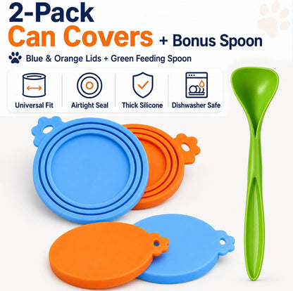 Lydia’s Deal Pet Food Can Covers 2-Pack, Thick Silicone Universal Can Lids for Dog & Cat Food, Fits 3oz/5.5oz/12oz, Airtight Seal, Durable & Dishwasher Safe, Easy Grip with Spoon (Blue & Orange)