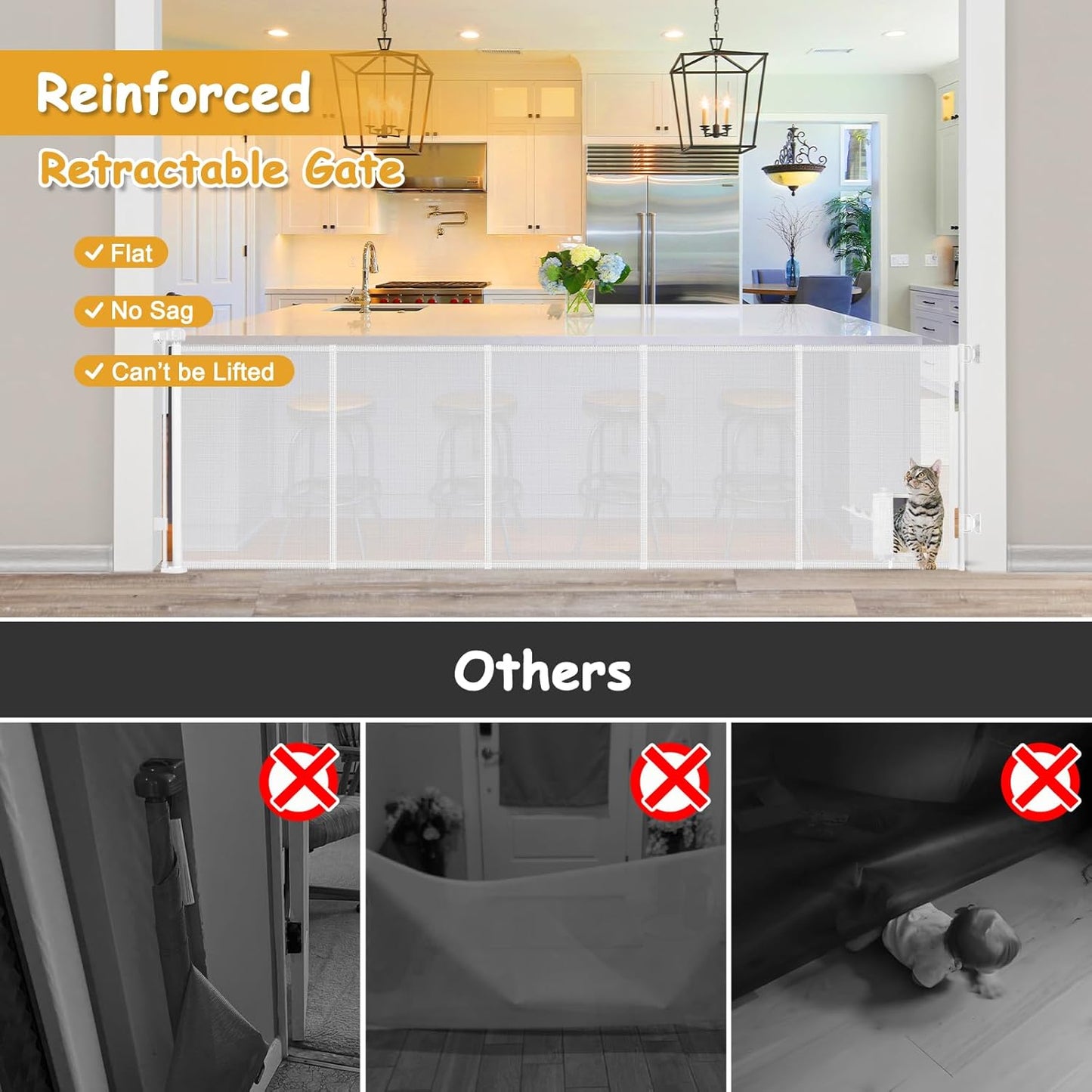 Reinforced 120 Inch Wide Retractable Baby Gates Extra Wide Pet Gate with Cat Door 10ft Extra Long Baby Gates for Large Openings 33 Inch Tall Reinforced Strips Retractable Dog Gate with Cat Door, Black