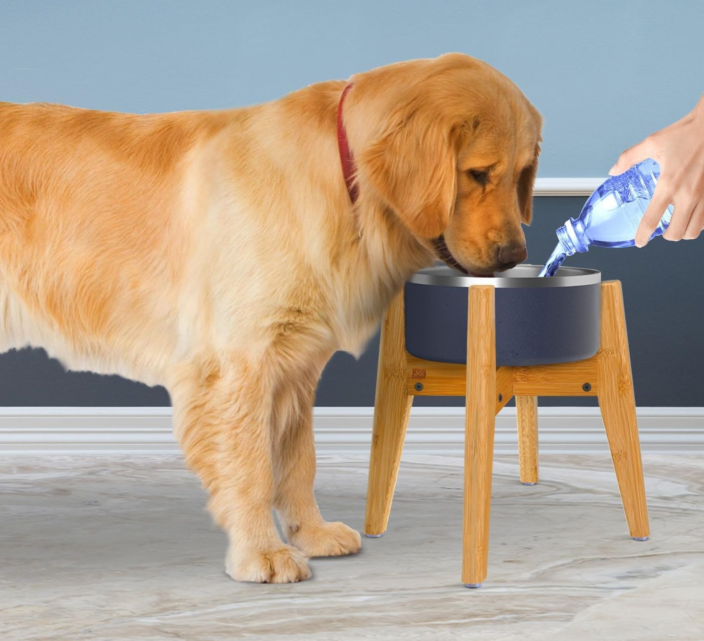 Dog Bowl Stand (14-inch High) - Ideal for Large Breeds, Use to Elevate, Raise Pet Dishes, Water Fountains and Slow Feeders - Adjustable Sideways, Bamboo - (Bowls not Included)