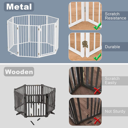 Metal Freestanding Dog Gates with Door for Outdoor Indoor,80'' Extra Wide 32'' Tall Free Standing Dog Gate for Doorways,Large Openings,Deck,Yard,Foldable Safety Pet Fence(Black,4 Panels)