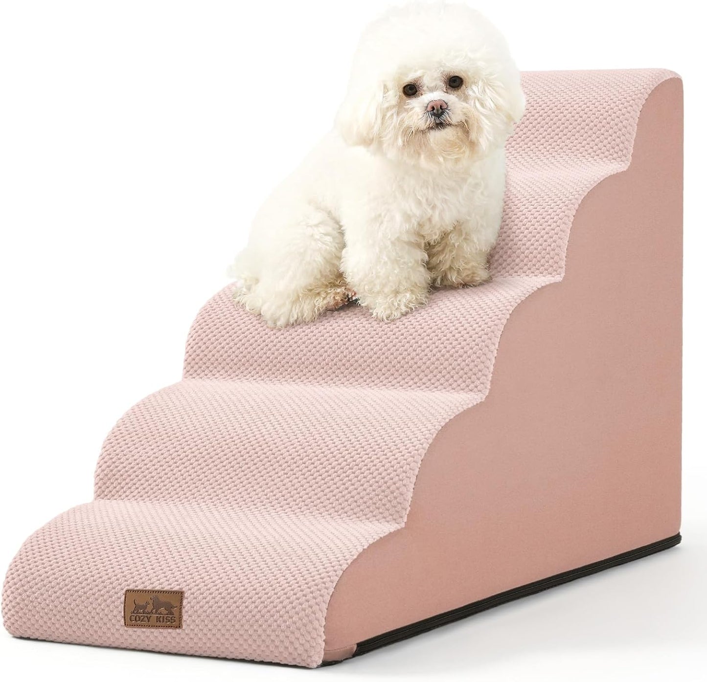 COZY KISS Dog Stairs for Small Dogs 15.7" H, Curved Dog Step for Puppy, Older Cat, Medium Pet Ramp for Sofa, Couch or Chair, Ladder with High Density Foam, 3 Step, 15.7x22.4x15.7 inch, Beige