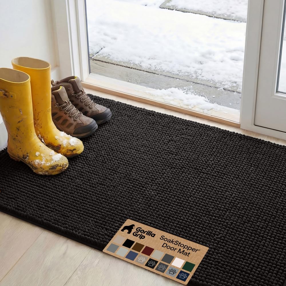 GORILLA GRIP SoakSTOPPER Dog Door Mat, 30x20 Machine Washable Rug Absorbent Doormat Captures Moisture Mud Dirt, Quick Dry Soft Chenille Entryway Rugs Indoor Entrance Mats for Dog Paws, Paw Grey