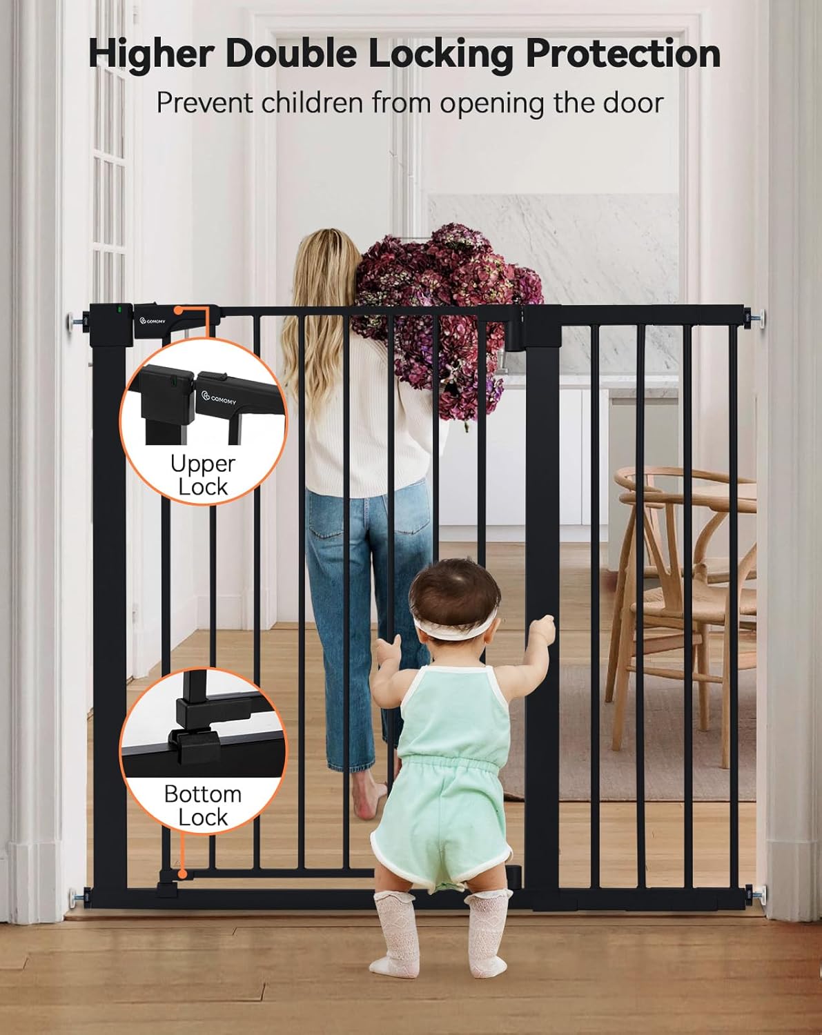 COMOMY 36" Extra Tall Baby Gate for Stairs and Doorways - Fits 29.5" to 48.8" Wide Openings, Auto Close Extra Wide Dog Gate for House, Pressure Mounted Easy Walk Through Pet With Door, Black