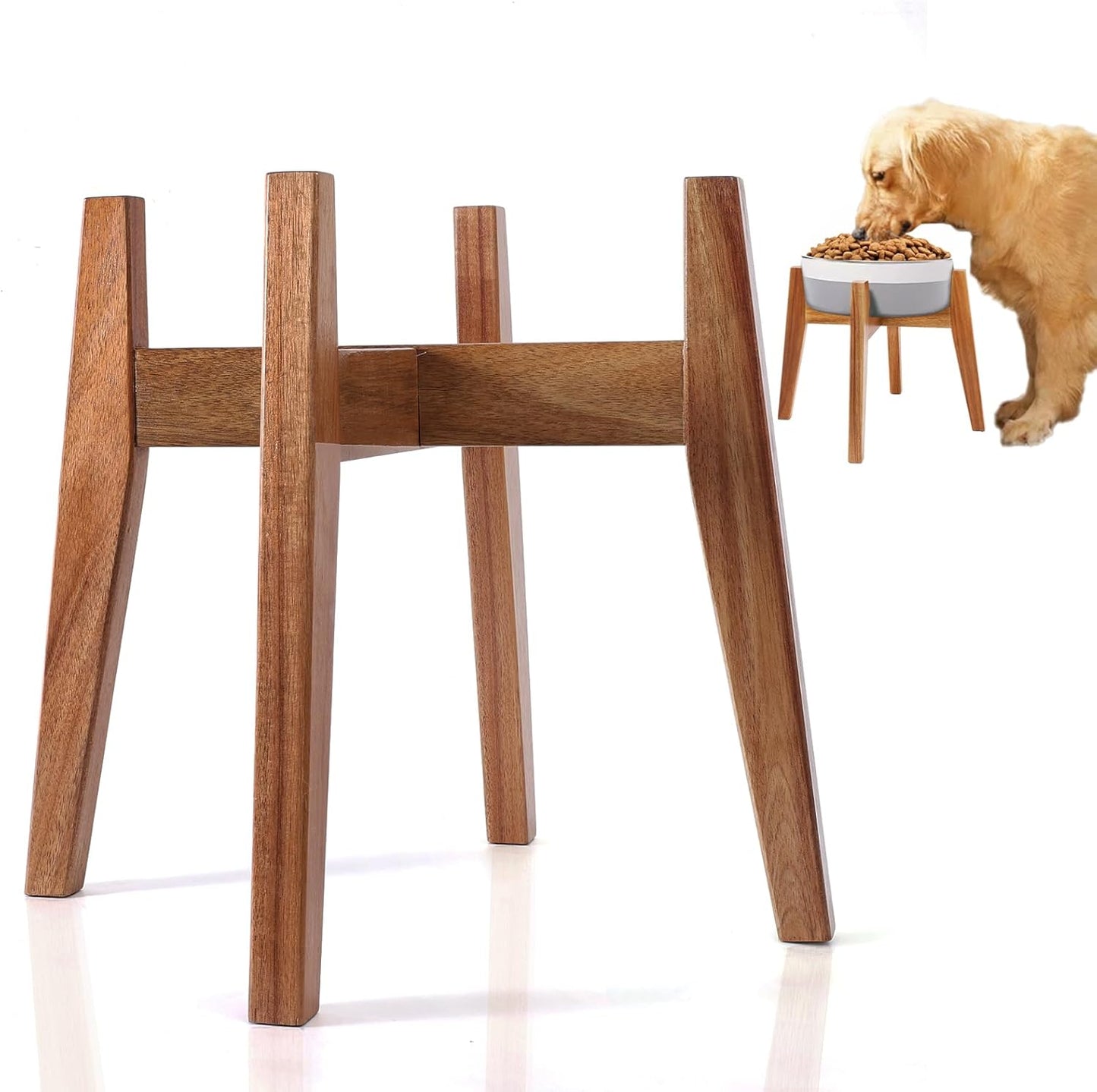 Elevated Dog Bowl Stand for Medium & Large Dogs, Fits Up to 9 inches diameter 64 oz Bowls Raised Dog Bowl Stand , Solid Acacia Wood Dog Bowl Holder, Single Elevated Dog Feeding Station (Stand Only)
